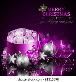 Christmas background with purple and silver balls. Vector illustration.