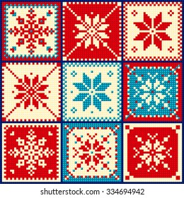 Christmas Background, Quilt, Snowflakes, Seamless Pattern, Cross-stitch, The Scheme Of Squares