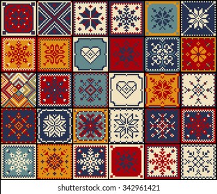 Christmas background, quilt, snowflakes, seamless pattern, cross-stitch, the scheme of squares