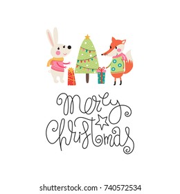 Christmas background with rabbit and fox with Christmas tree and a funny inscription - Merry Christmas. Vector illustration.