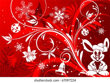 Christmas background with rabbit, snowflake, element for design, vector illustration