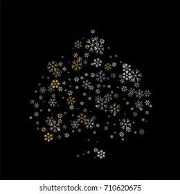 Christmas background with random scatter falling silver and gold snowflakes isolated on black.
