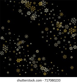 Christmas background with random scatter falling golden snowflakes isolated on black.