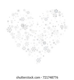 Christmas background with random scatter falling silver snowflakes isolated on white.