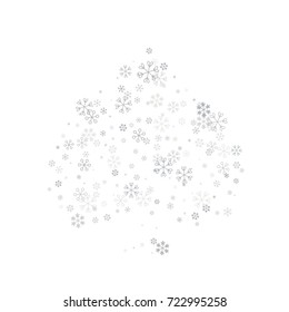 Christmas background with random scatter falling silver snowflakes isolated on white.