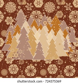 Christmas background with random scatter falling snowflakes and a forest of christmas trees on a brown background.