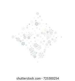 Christmas background with random scatter falling silver snowflakes isolated on white.