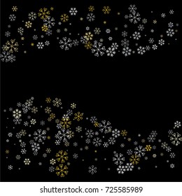Christmas background with random scatter falling silver and gold snowflakes isolated on black.