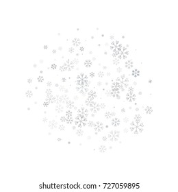Christmas background with random scatter falling silver snowflakes isolated on white.