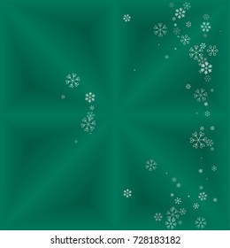 Christmas background with random scatter falling silver snowflakes isolated on a dark green gradient background
