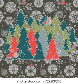 Christmas background with random scatter falling snowflakes and a forest of christmas trees on a grey background.