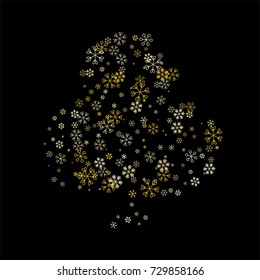 Christmas background with random scatter falling golden snowflakes isolated on black.