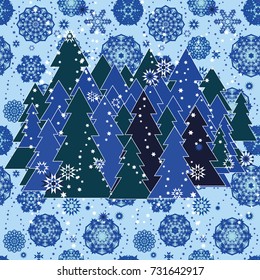 Christmas background with random scatter falling snowflakes and a forest of christmas trees on a blue background.