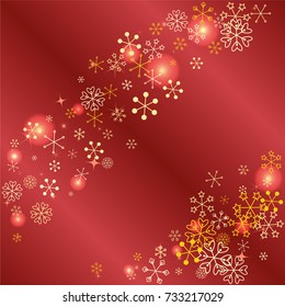 Christmas background with random scatter falling golden snowflakes, red blurred lights and sparkles on a red gradient background