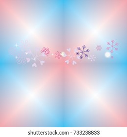 Christmas background with random scatter falling colorful snowflakes, bright lights and sparkles on a blue and pink blurred background