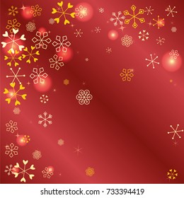 Christmas background with random scatter falling golden snowflakes, red blurred lights and sparkles on a red gradient background