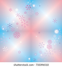 Christmas background with random scatter falling colorful snowflakes, bright lights and sparkles on a blue and pink blurred background