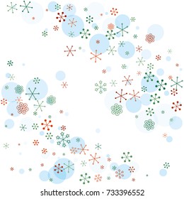 Christmas background with random scatter falling colorful snowflakes and blue polka dots isolated on white.