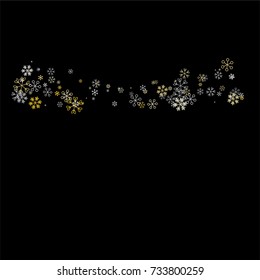 Christmas background with random scatter falling silver and gold snowflakes isolated on black.