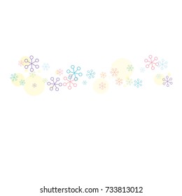 Christmas background with random scatter falling colorful snowflakes and yellow polka dots isolated on white.