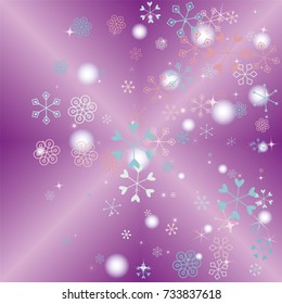Christmas background with random scatter falling colorful snowflakes, blurred lights and sparkles on a lilac gradient background