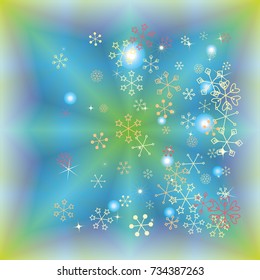 Christmas background with random scatter falling colorful snowflakes and bright lights and sparkles on a blue and green background.