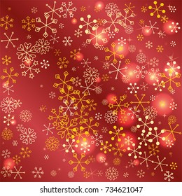Christmas background with random scatter falling golden snowflakes, red blurred lights and sparkles on a red gradient background