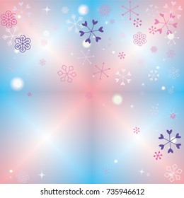 Christmas background with random scatter falling colorful snowflakes, bright lights and sparkles on a blue and pink blurred background