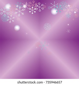 Christmas background with random scatter falling colorful snowflakes, blurred lights and sparkles on a lilac gradient background