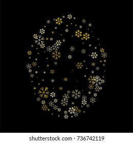 Christmas background with random scatter falling golden snowflakes isolated on black.