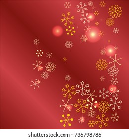 Christmas background with random scatter falling golden snowflakes, red blurred lights and sparkles on a red gradient background