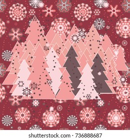 Christmas background with random scatter falling snowflakes and a forest of christmas trees on a burgundy background.