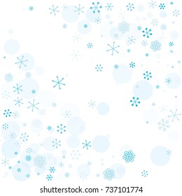 Christmas background with random scatter falling turquoise snowflakes and blue polka dots isolated on white.