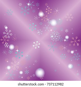 Christmas background with random scatter falling colorful snowflakes, blurred lights and sparkles on a lilac gradient background