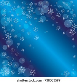 Christmas background with random scatter falling silver snowflakes and blue polka dots on a navy blue background.