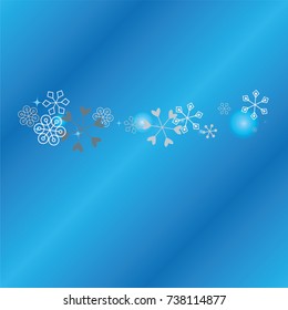 Christmas background with random scatter falling silver snowflakes, blue blurred lights and sparkles on a blue background