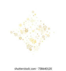 Christmas background with random scatter falling golden snowflakes isolated on white.
