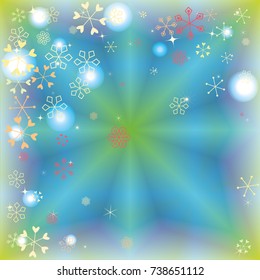 Christmas background with random scatter falling colorful snowflakes and bright lights and sparkles on a blue and green background.