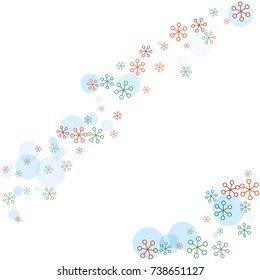 Christmas background with random scatter falling colorful snowflakes and blue polka dots isolated on white.