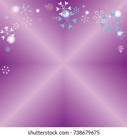 Christmas background with random scatter falling colorful snowflakes, blurred lights and sparkles on a lilac gradient background