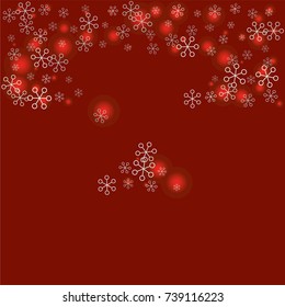 Christmas background with random scatter falling silver snowflakes and red blurred lights on a burgundy background.