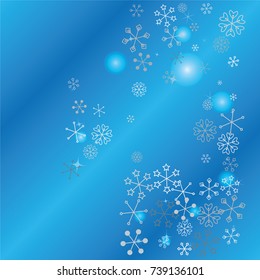 Christmas background with random scatter falling silver snowflakes, blue blurred lights and sparkles on a blue background