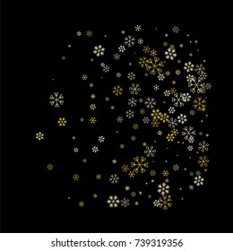 Christmas background with random scatter falling golden snowflakes isolated on black.