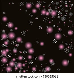 Christmas background with random scatter falling silver snowflakes and pink blurred lights isolated on black