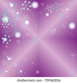 Christmas background with random scatter falling colorful snowflakes, blurred lights and sparkles on a lilac gradient background