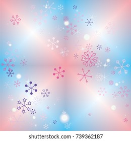 Christmas background with random scatter falling colorful snowflakes, bright lights and sparkles on a blue and pink blurred background