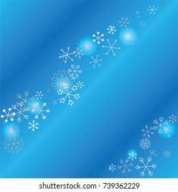 Christmas background with random scatter falling silver snowflakes, blue blurred lights and sparkles on a blue background