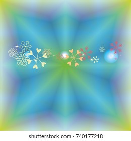 Christmas background with random scatter falling colorful snowflakes and bright lights and sparkles on a blue and green background.