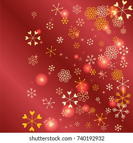 Christmas background with random scatter falling golden snowflakes, red blurred lights and sparkles on a red gradient background