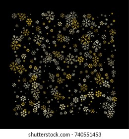 Christmas background with random scatter falling golden snowflakes isolated on black.